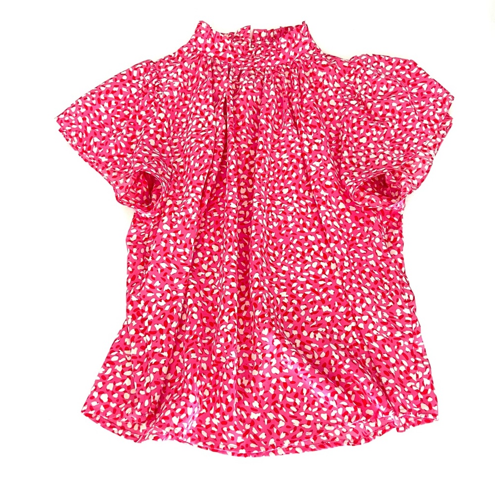 THML Pink Printed Ruffle Flutter Sleeve Top Mock Neck Shirt  Blouse Short Sleeve